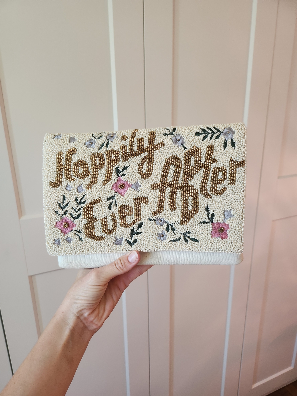 Beaded 'Happily Ever After' Clutch in Ivory with Pink Floral Accents